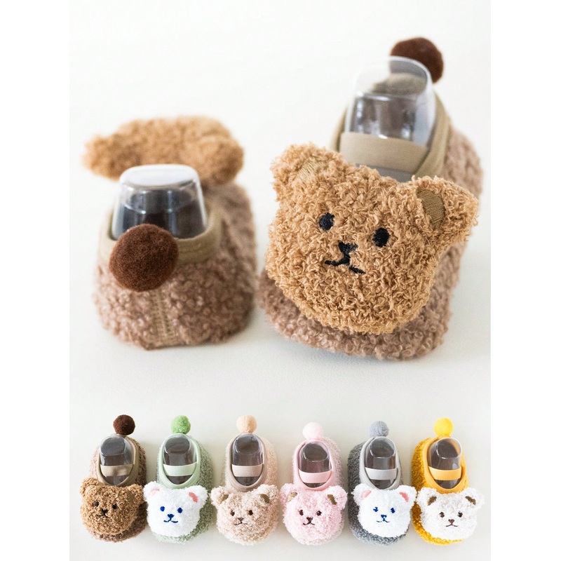 1 Pair Autumn/Winter New Baby/Toddler Anti-Slip Floor Leg Warmers, Fluffy Ball Decor Warm Infant Bear Shaped Soft Slipper Leg Warmers For Baby Crawling And Daily Wear