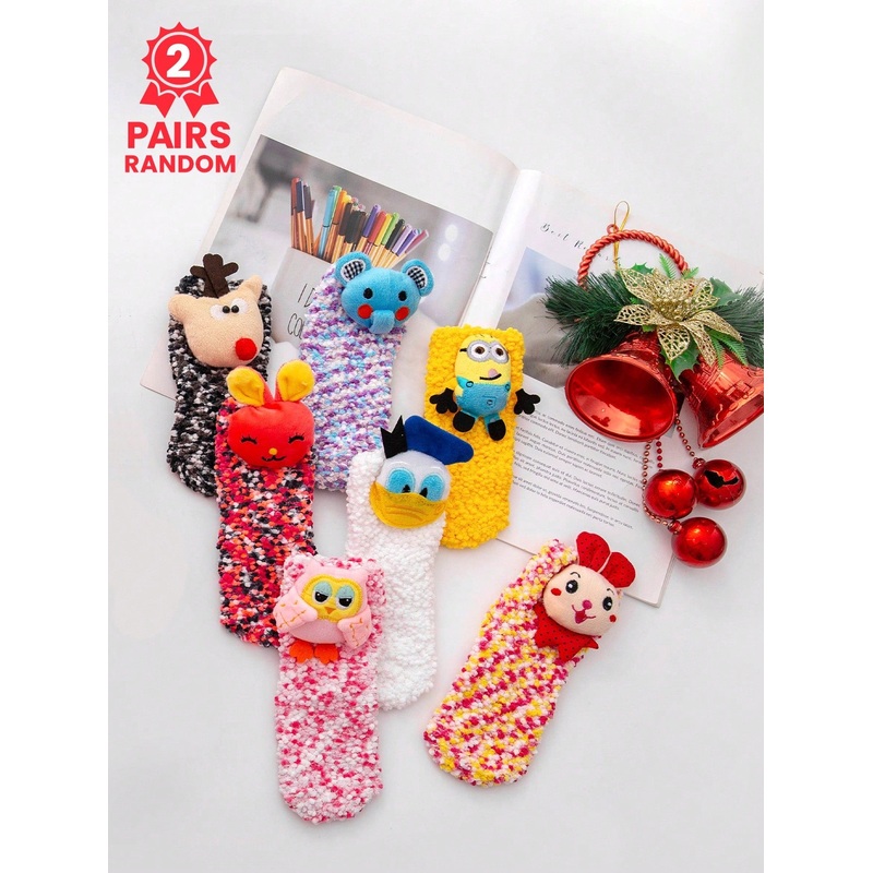 1/2 Pair Kids Girls/Boys Cartoon Short Socks, Minions/Donald Duck Cute Doll Pattern, Trendy Versatile, Soft Comfortable For Home, Sleep, Casual Wear, Suitable For Holiday Gifts/Parties And Winter Daily Outfits (Random 2 Pairs)