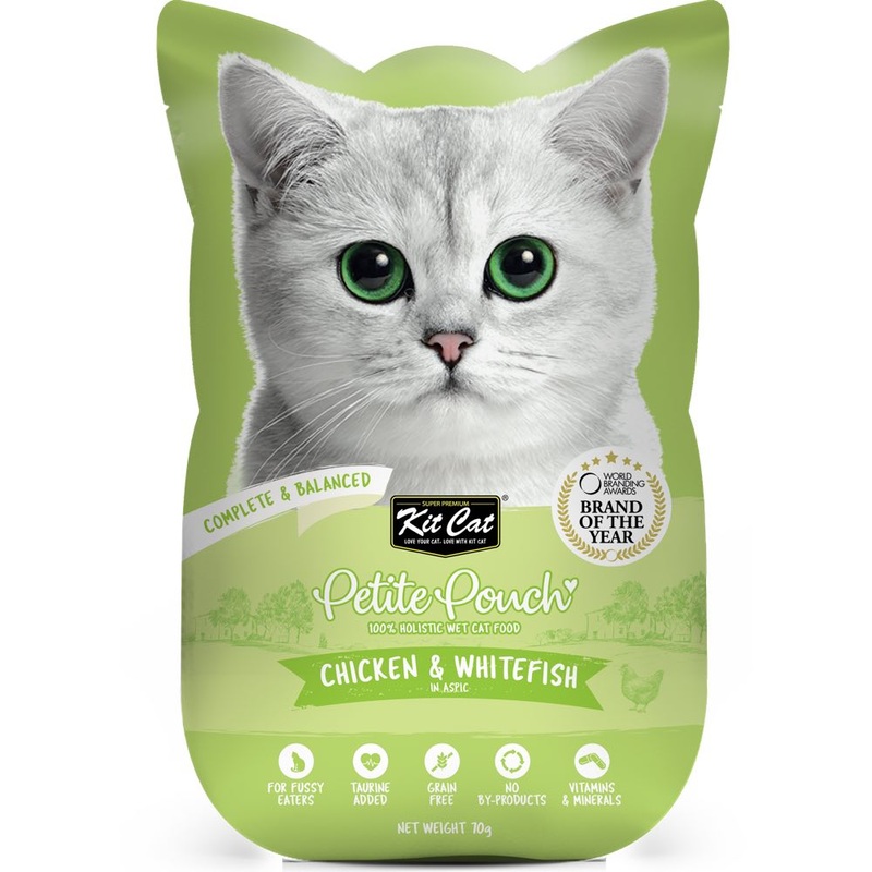 ‘50% OFF (Exp 3Oct25)’: Kit Cat Petite Pouch Chicken & Whitefish In Aspic Grain-Free Pouch Cat Food 70g x 12