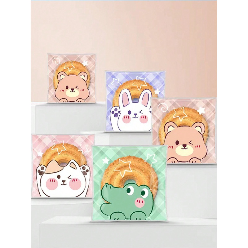 100pcs/Pack Cartoon Animal Cute Self Adhesive Cookie Bags, Snowflake Cake Packaging Pouches, Bakery Sealing Bags
