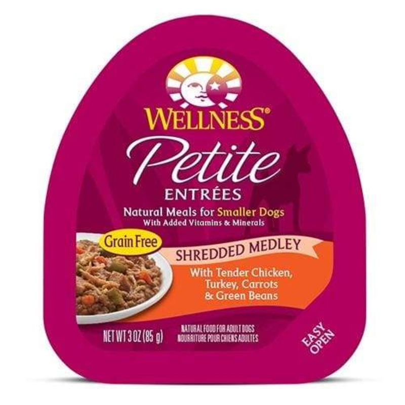 Wellness Small Breed Petite Entrees Tender Chicken, Turkey, Carrots & Green Beans Shredded Medley Wet Dog Food 3oz