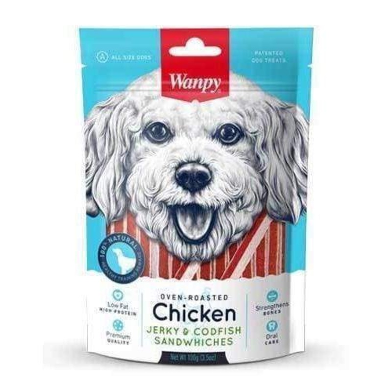 Wanpy Oven-Roasted Chicken & CodFish Sandwiches Dog Treats 100g