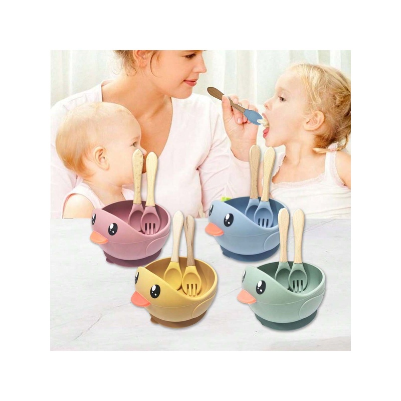 1 Duck-Shaped Bowl   1 Pair Of Cartoon Duck Spoon & Fork Silicone Suction Bowl Toddler Feeding Set Anti-Fall Bowl Feeding Utensils Set For Infant Supplementary Food