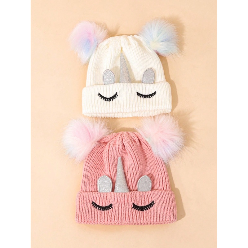 1 Piece Children’s Solid Color Knitted Hat, Unicorn Double Ball Bean Hat, Suitable For 6-8 Years Old Girls In Autumn And Winter Daily Use