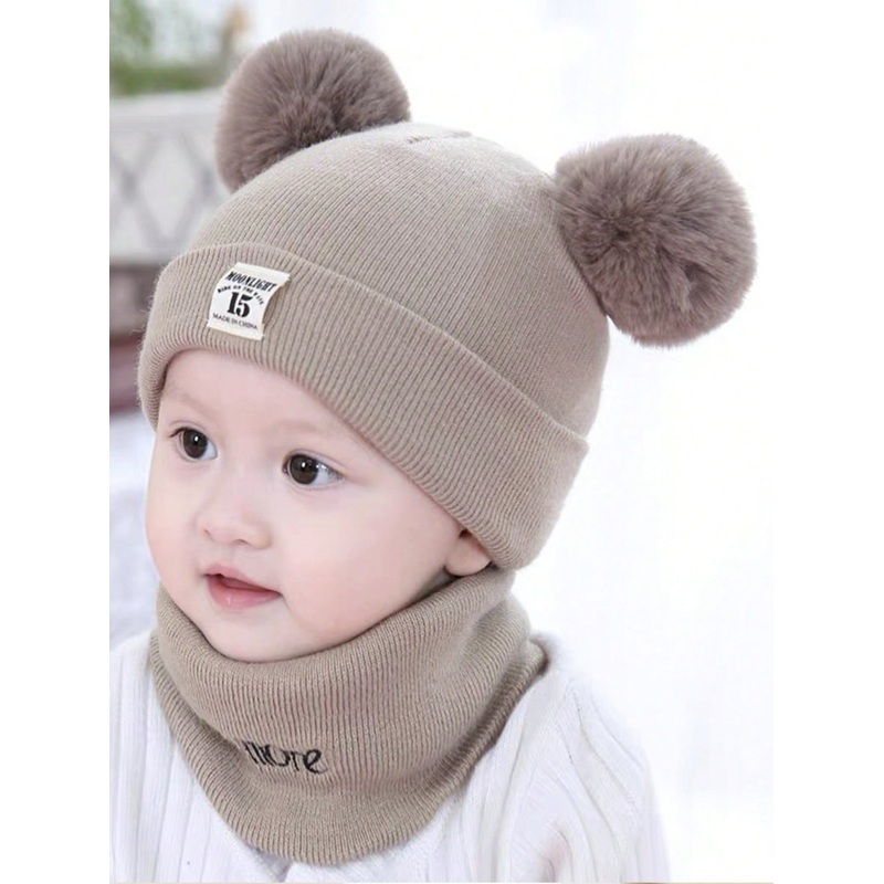 1 Set Khaki English Letter Embroidery Patchwork Beanie Hat And Scarf With Pom Pom Balls For Baby Boys And Girls