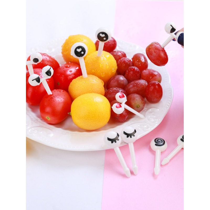 10pcs Cute Mini Eye Shaped Children’s Fruit Fork Plastic Household Bento Picks Dessert Fork