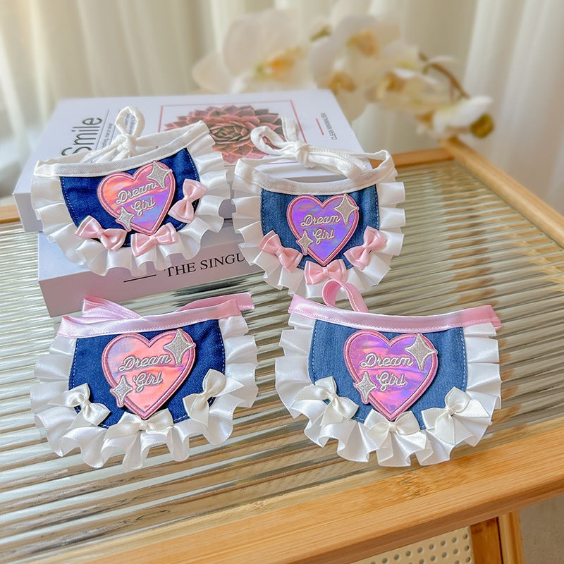 Denin Cream Heart Pet Bib|Light Blue+Pink Ribbon|Dark Blue+White Ribbon