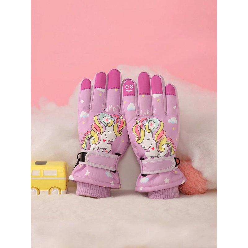 1 Pair Kids Thick Waterproof Ski Gloves, Cartoon Unicorn & Dinosaur Pattern, Outdoor Warm Gloves For Boys/Girls Ages 7-14, Winter Riding Gloves