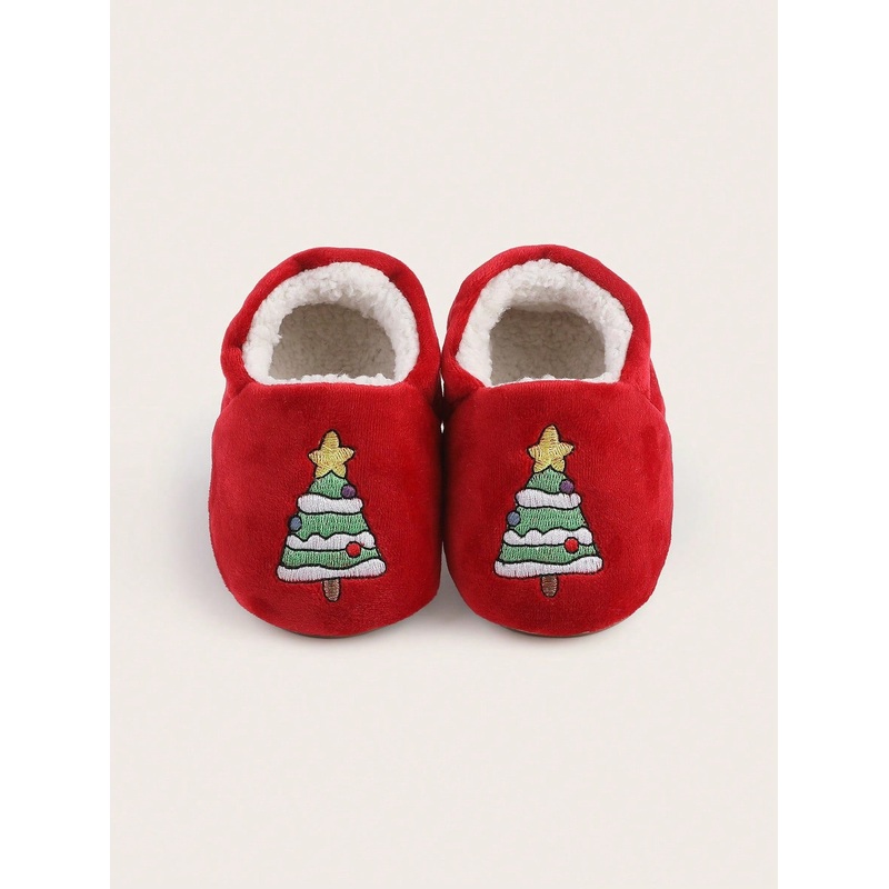 1 Pair Christmas Tree Fleece Lined Round Toe Flat Shoes For Toddler Boys & Girls, Suitable For 0-1 Years Old Babies, Winter