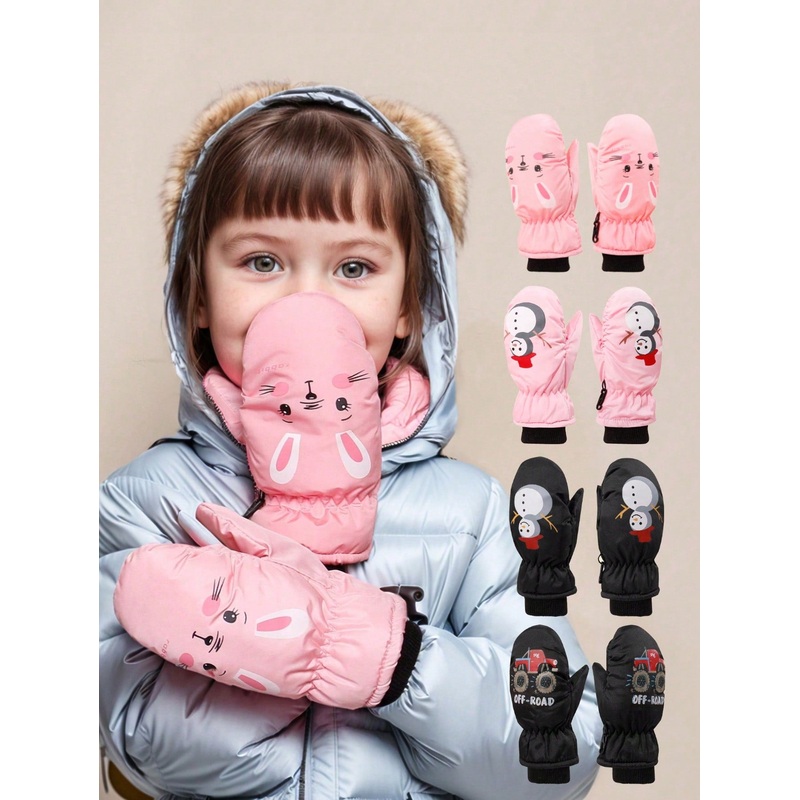 1 Pair Cute Cartoon Infant/Toddler Padded Waterproof Winter Outdoor Snow Play Warm Anti-Freeze Ski Gloves For Boys & Girls